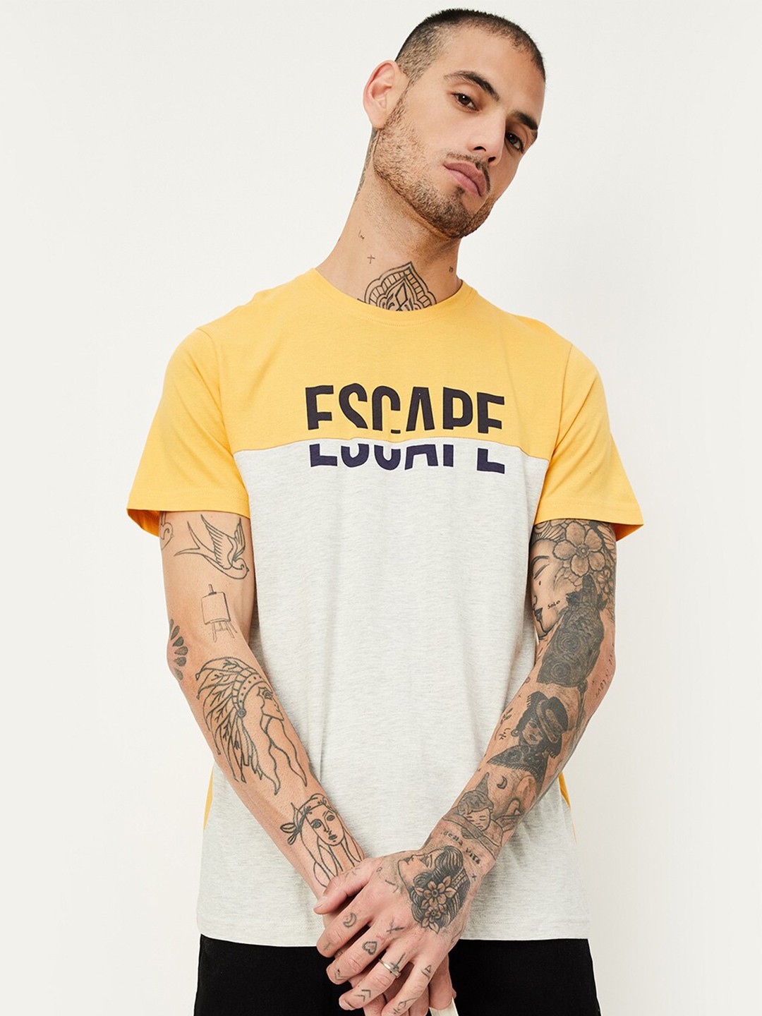 

max Typography Printed Round Neck Pure Cotton T-shirt, Yellow
