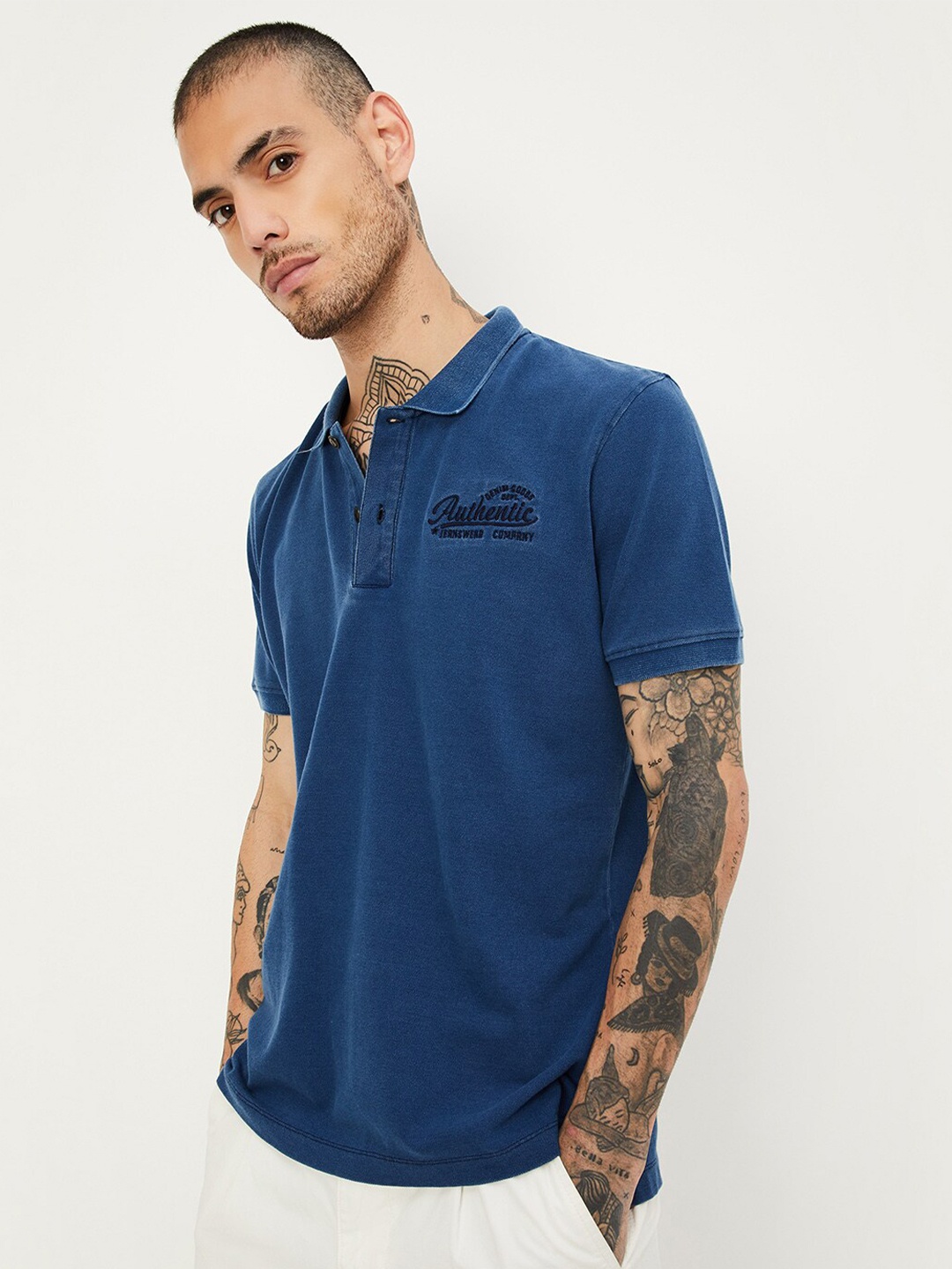 

max Polo Collar Short Sleeves Pure Cotton T-shirt, Navy blue