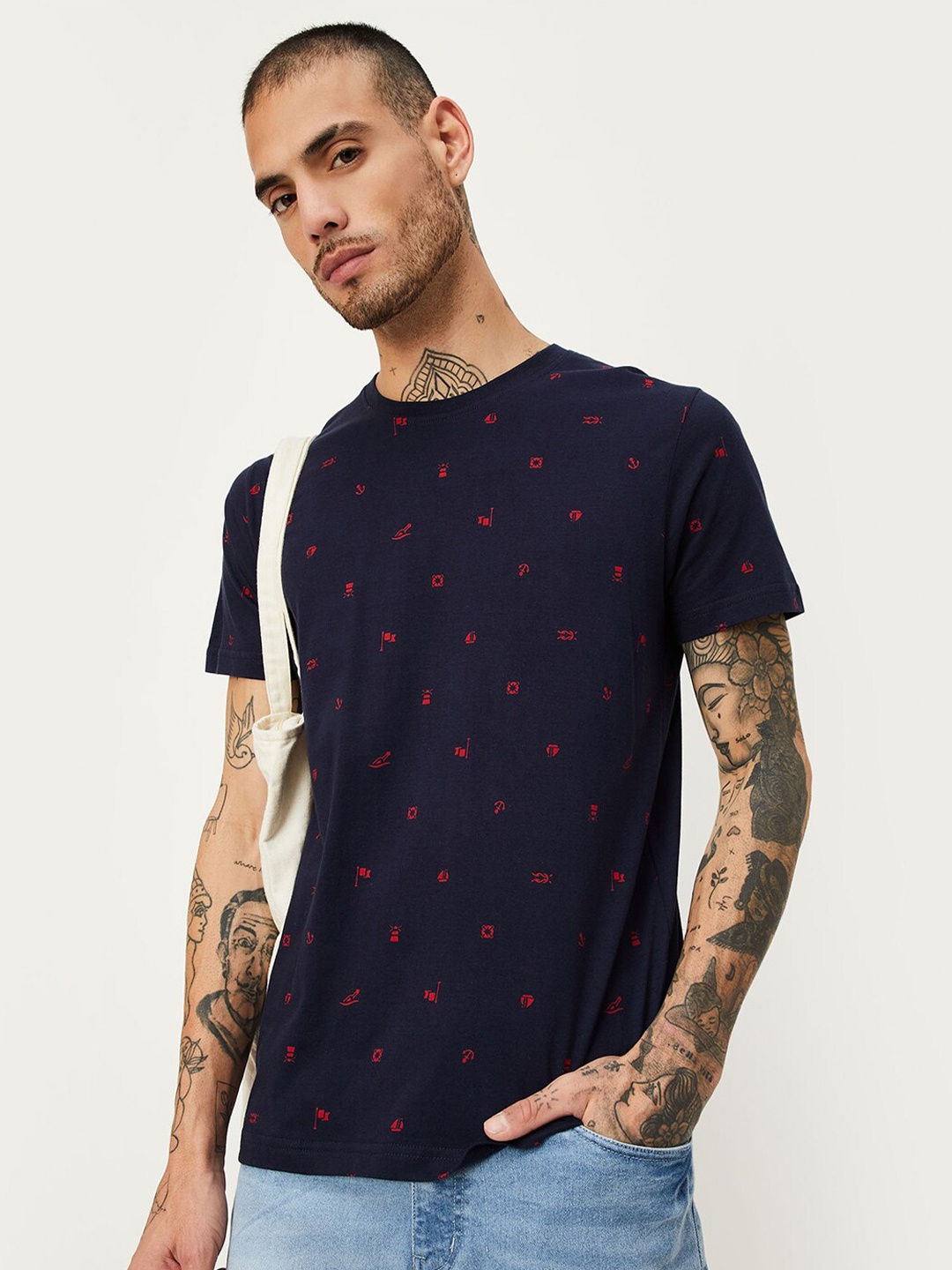 

max Printed Round Neck T-shirt, Navy blue