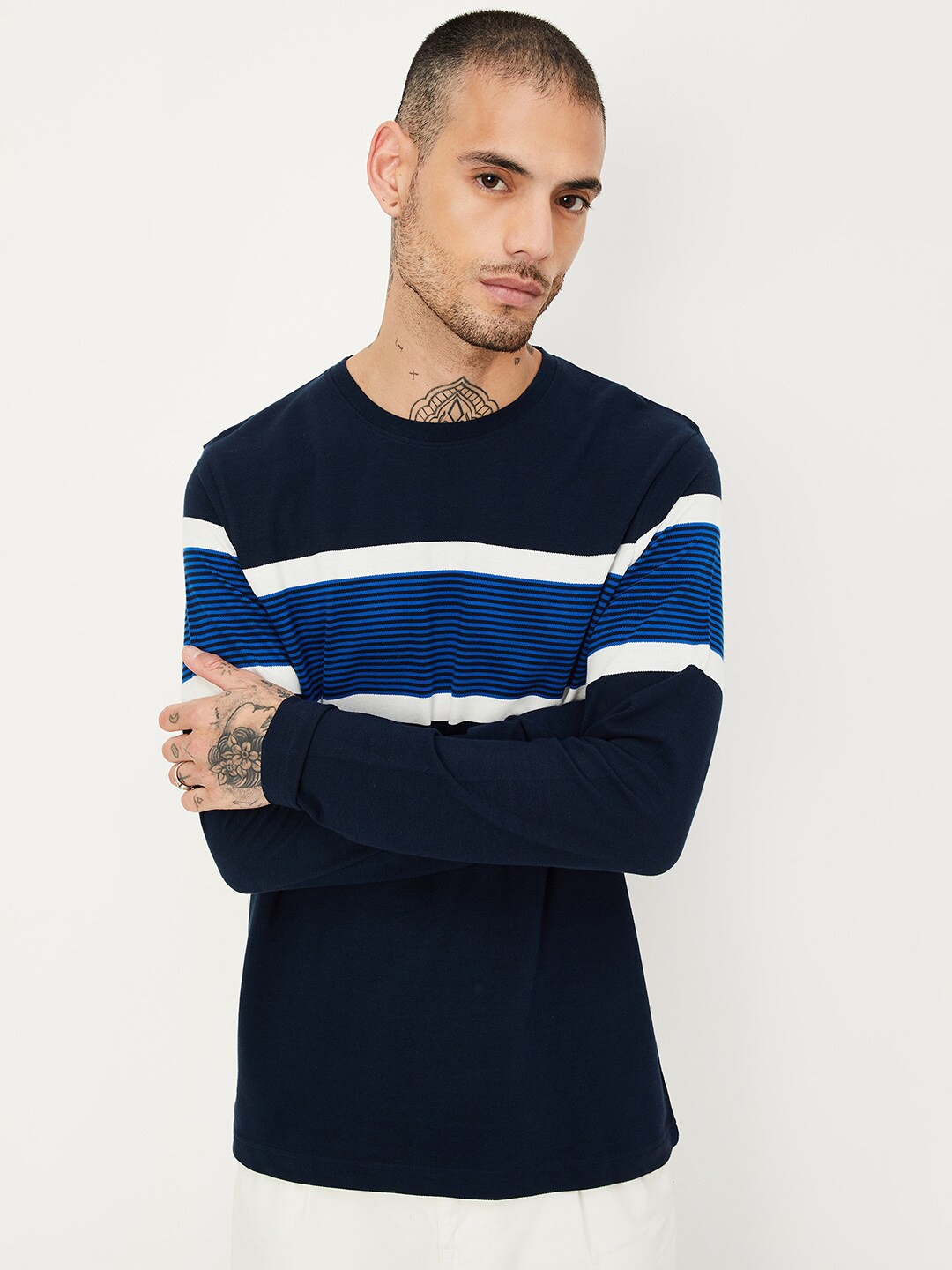 

max Striped Long Sleeves Pure Cotton T-shirt, Navy blue