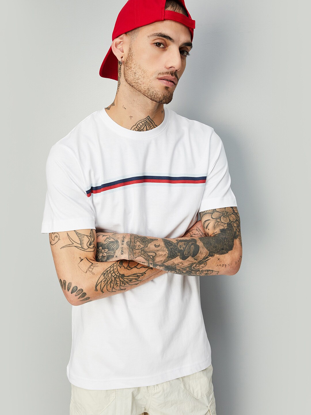 

max Striped Round Neck Cotton T-shirt, White