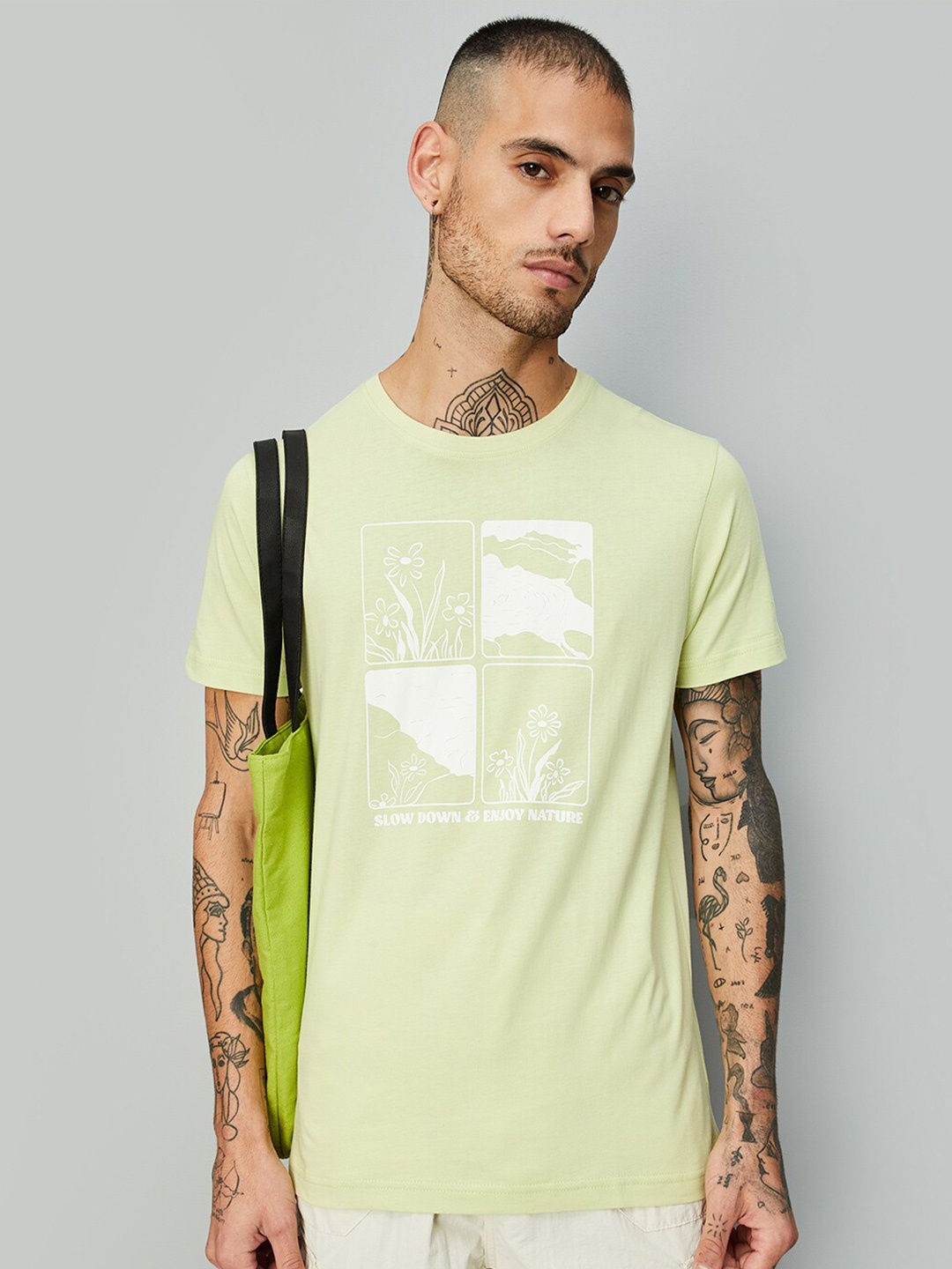

max Printed Round Neck Cotton T-shirt, Lime green