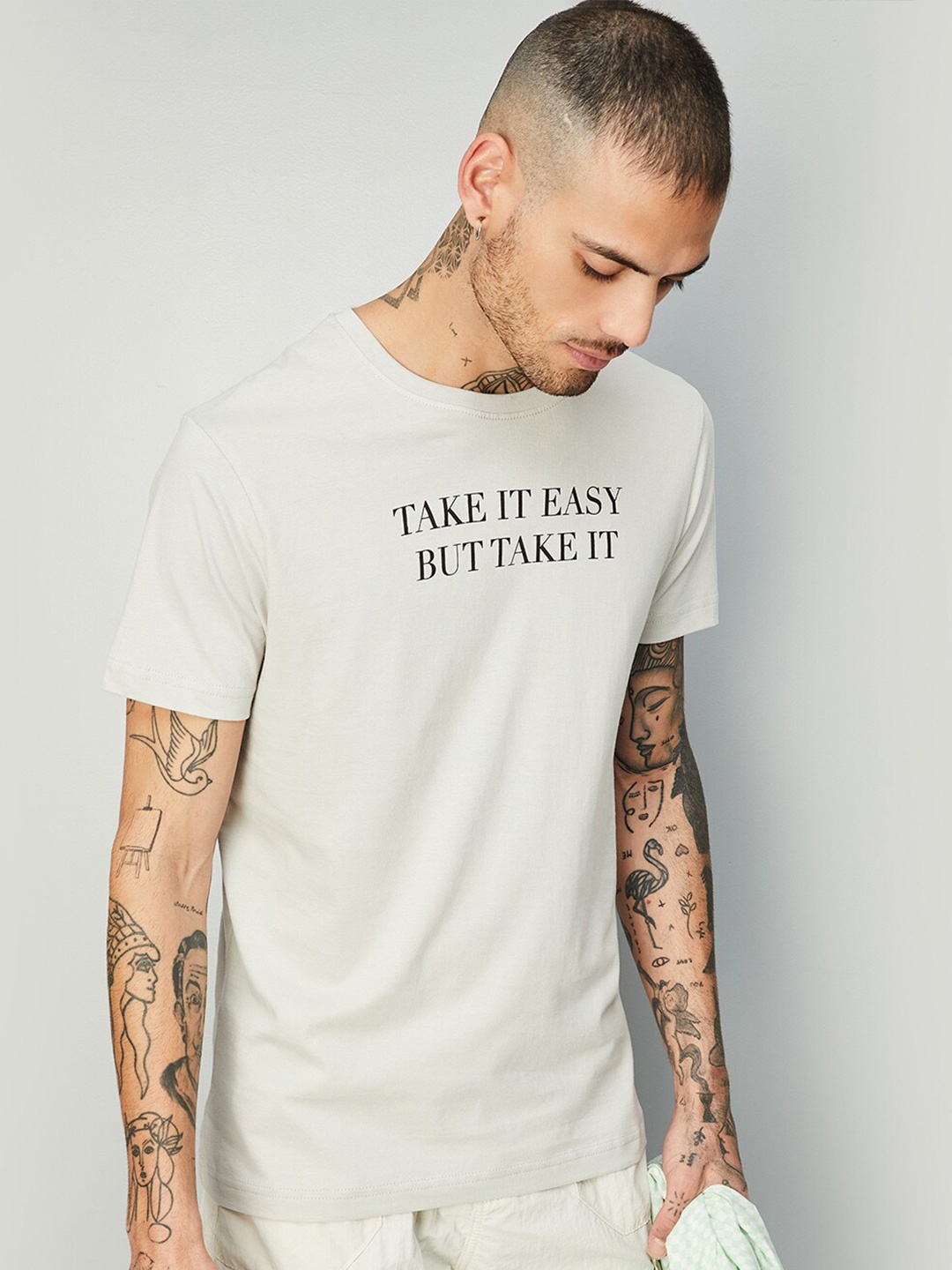 max Typography Printed Round Neck Cotton T-shirt, Grey