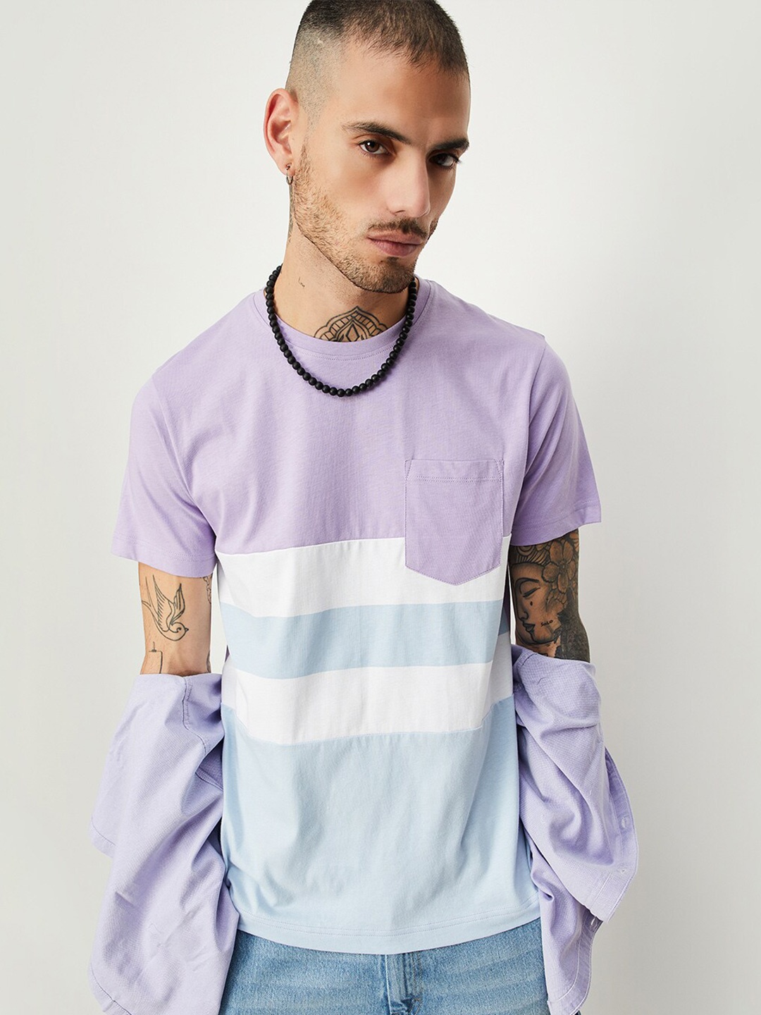 

max Striped Pure Cotton T-shirt, Purple