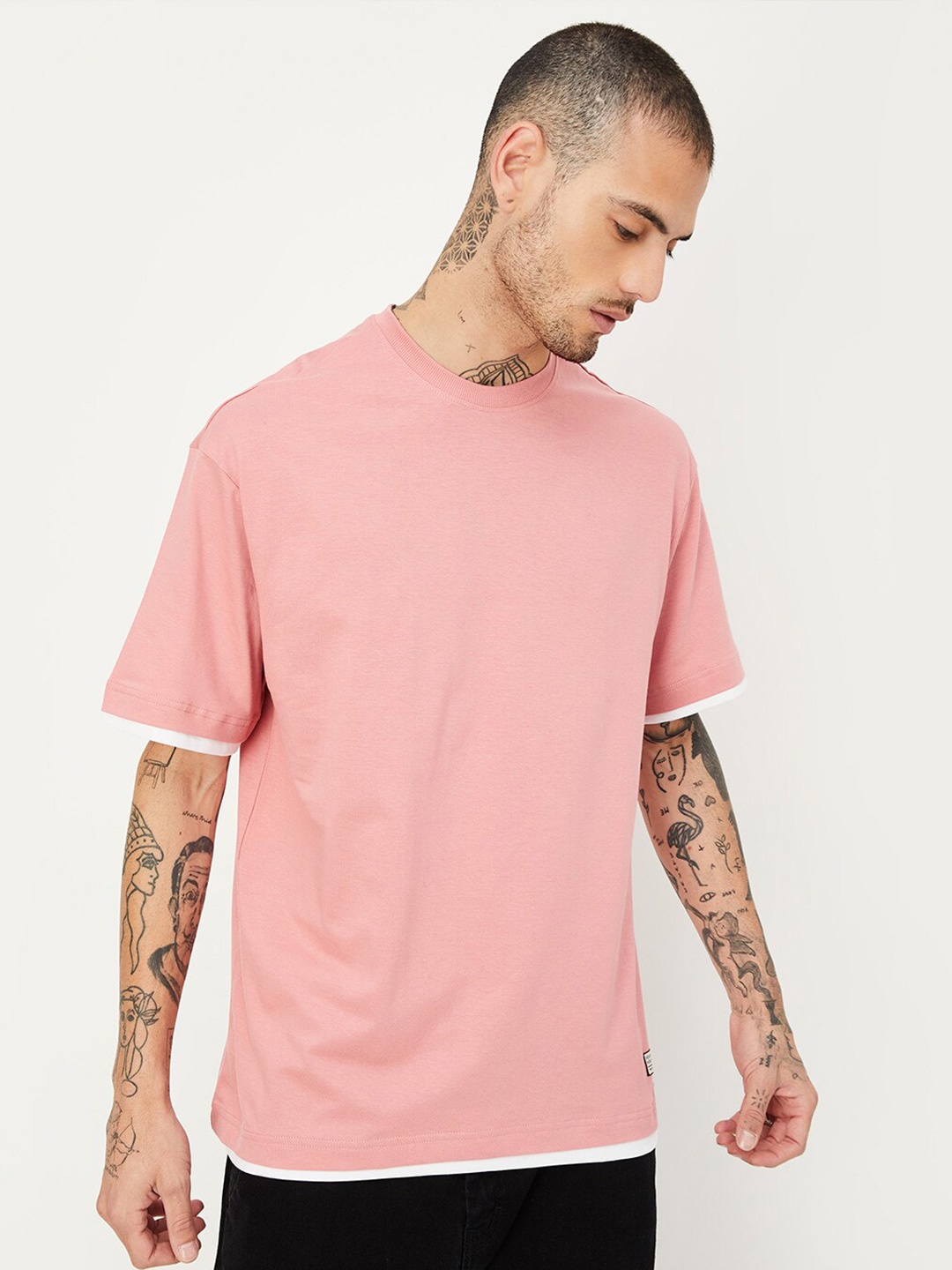 

max Round Neck Short Sleeves Cotton Regular T-shirt, Pink
