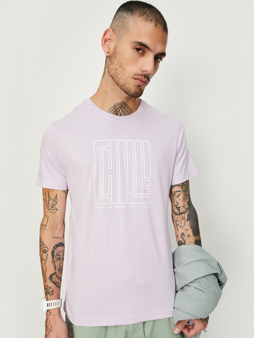 

max Typography Printed Cotton T-shirt, Purple