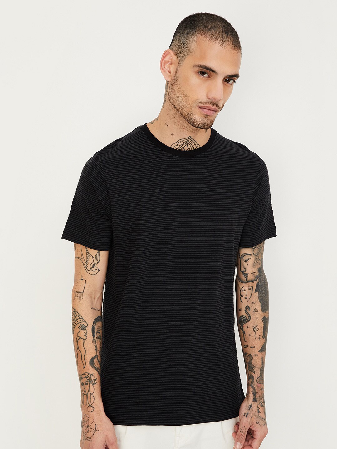 

max Striped Round Neck Cotton T-shirt, Black