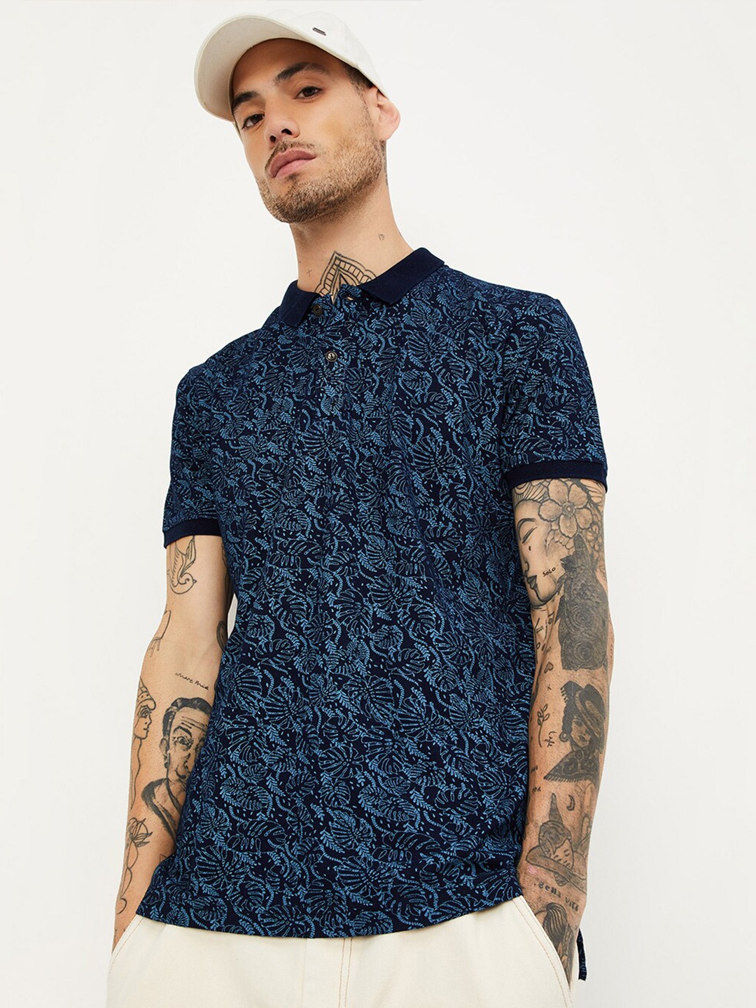 

max Floral Printed Polo Collar Short Sleeves Cotton Regular T-shirt, Blue