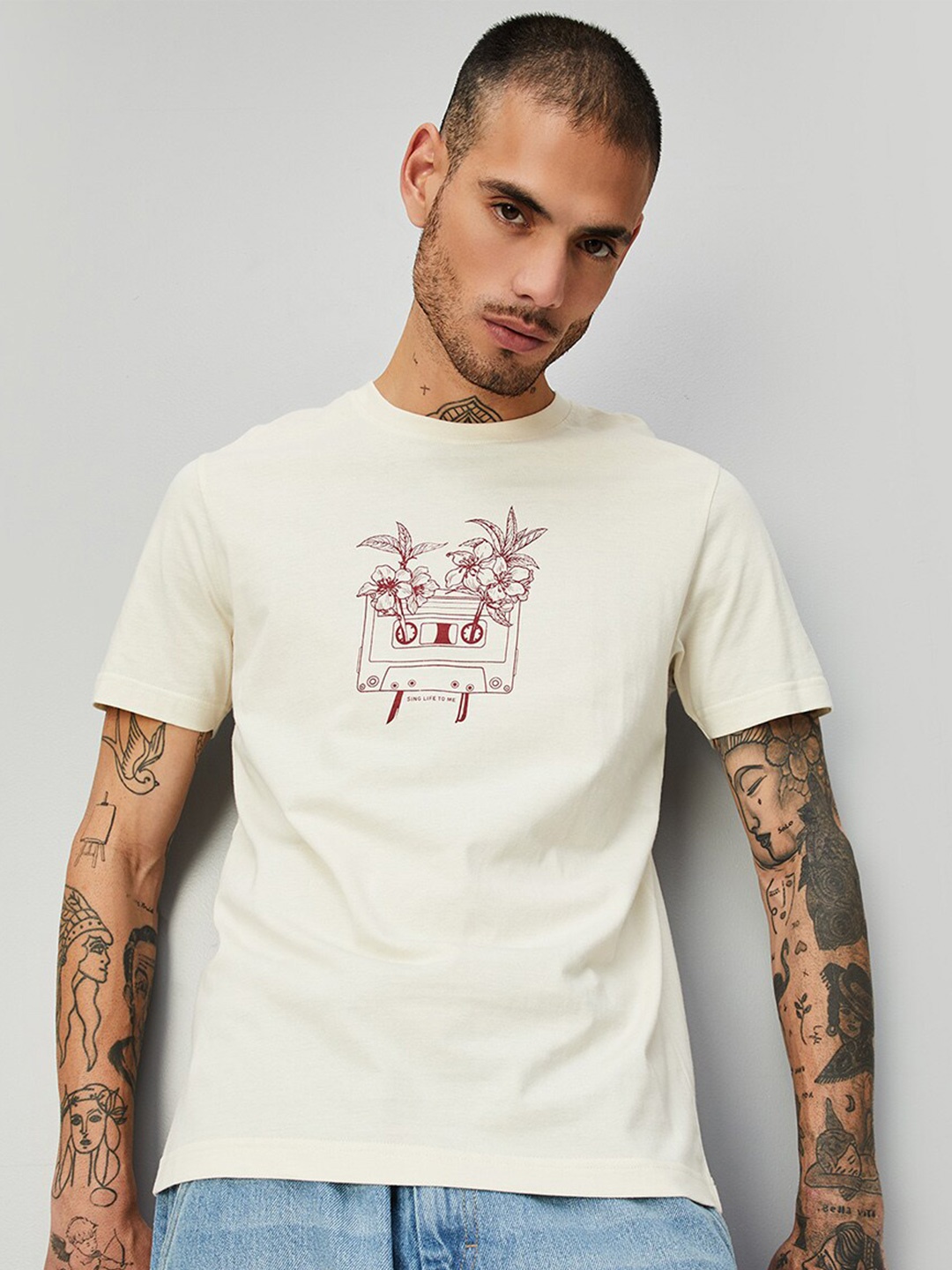 max Graphic Printed Round Neck T-shirt, Beige