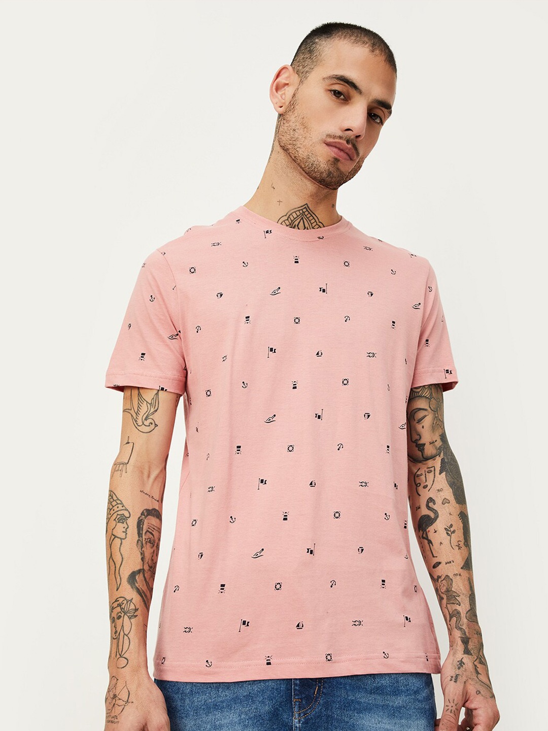 

max Conversational Printed Round Neck Pure Cotton T-shirt, Pink