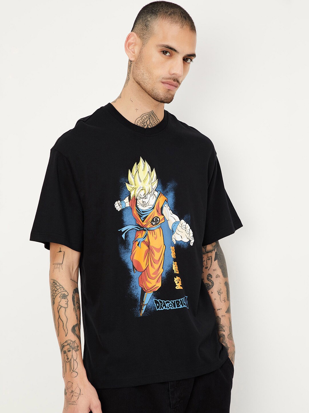 

max Dragon Ball Z Printed Drop-Shoulder Sleeves Pure Cotton T-shirt, Black