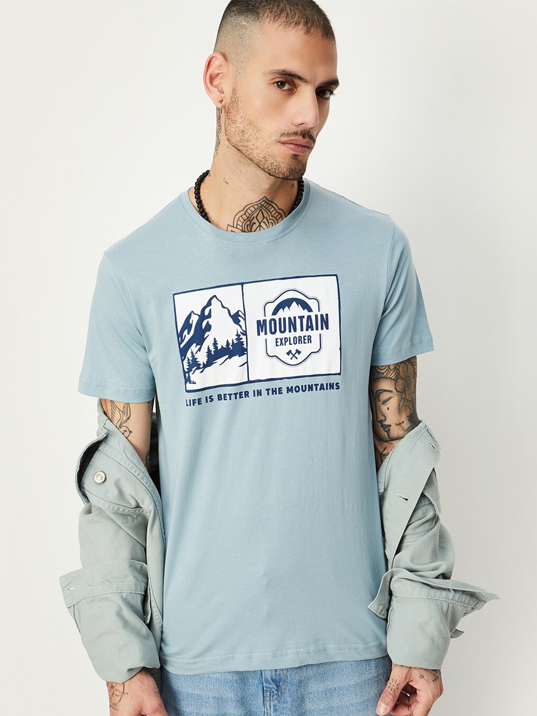 

max Typography Printed Round Neck Pure Cotton T-shirt, Blue