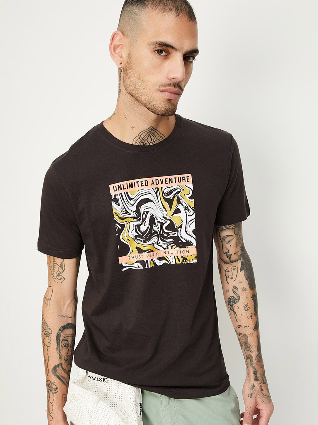 

max Typography Printed Pure Cotton T-shirt, Brown