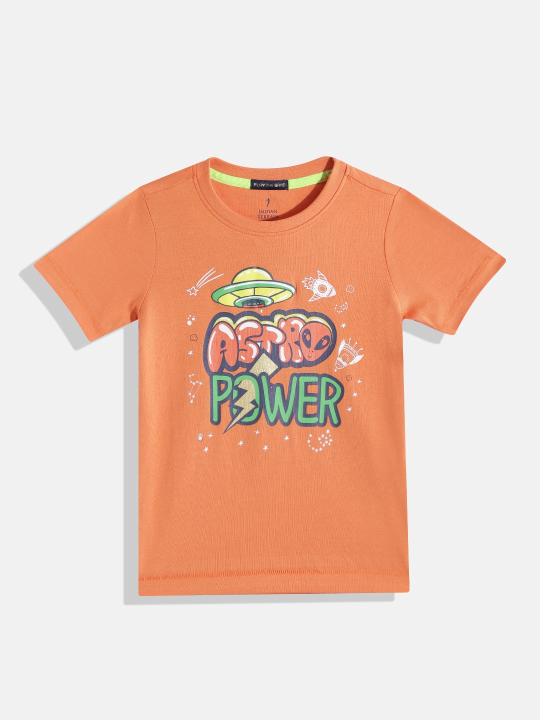 

Indian Terrain Boys Typography Printed Pure Cotton T-shirt, Orange