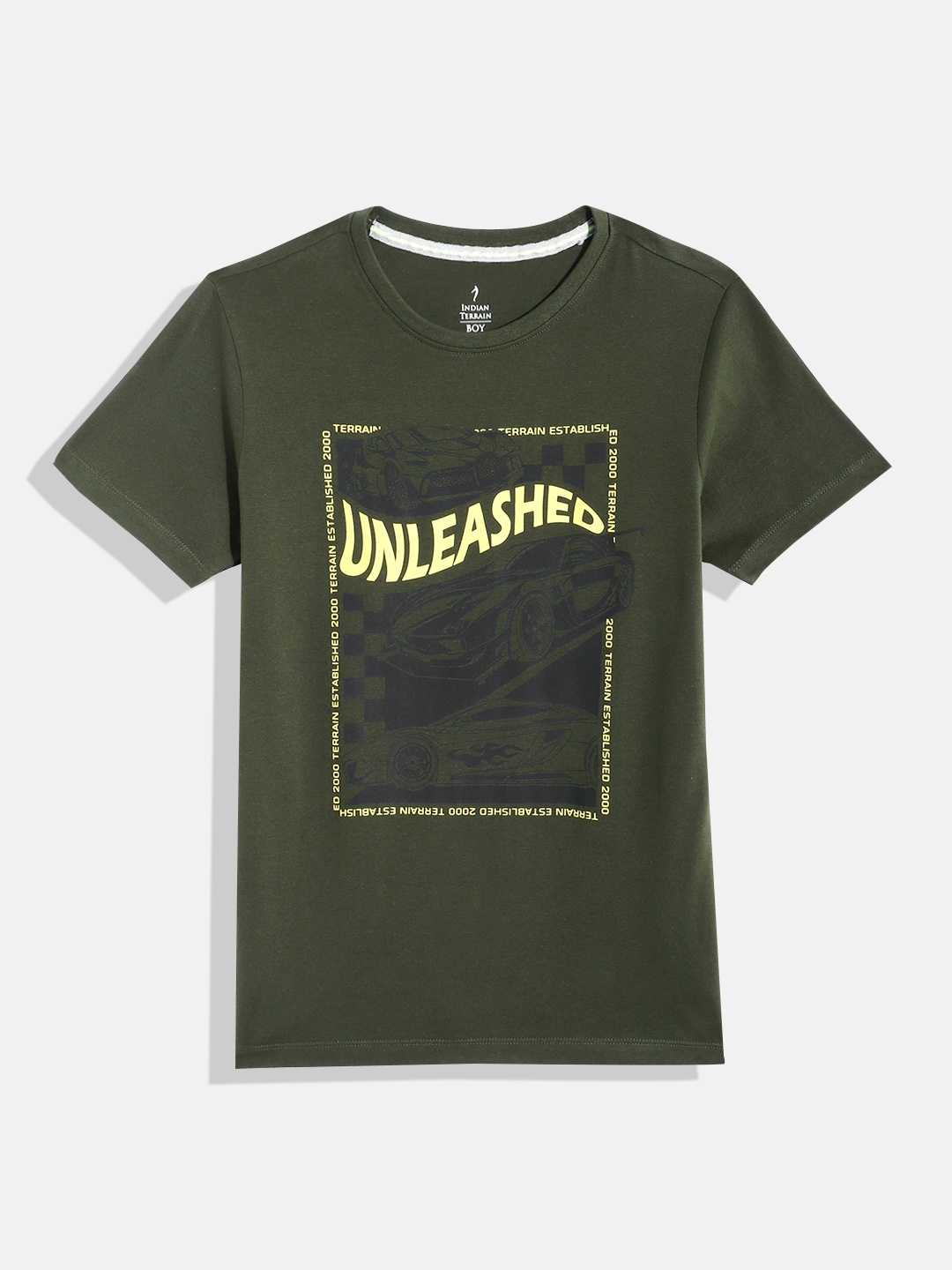 

Indian Terrain Boys Typography Printed Pure Cotton T-shirt, Olive