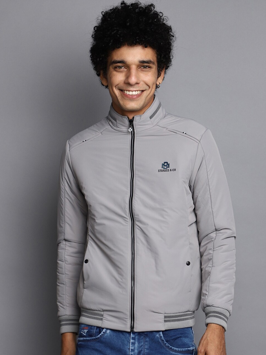 

V-Mart Mock Collar Cotton Bomber Jacket, Grey
