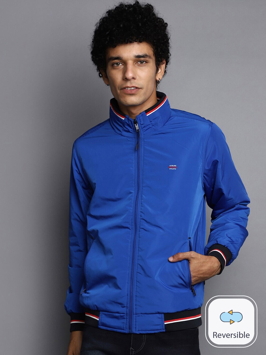

V-Mart Mock Collar Reversible Bomber Jacket, Blue