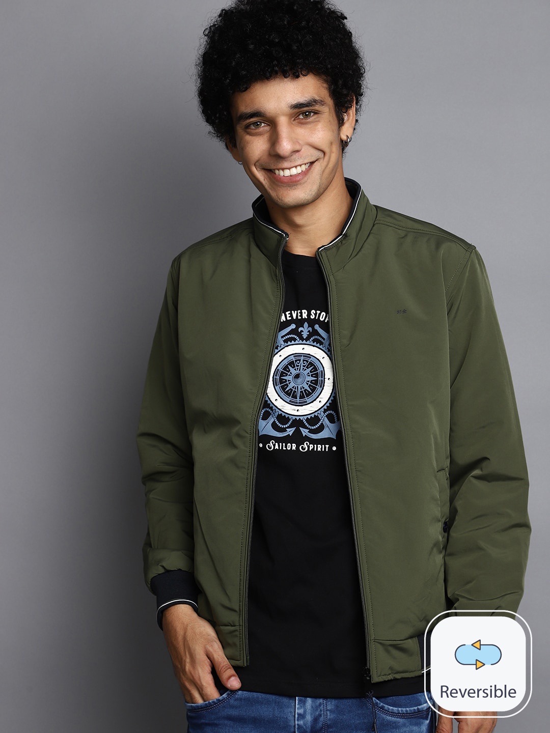 

V-Mart Mock Collar Reversible Bomber Jacket, Green