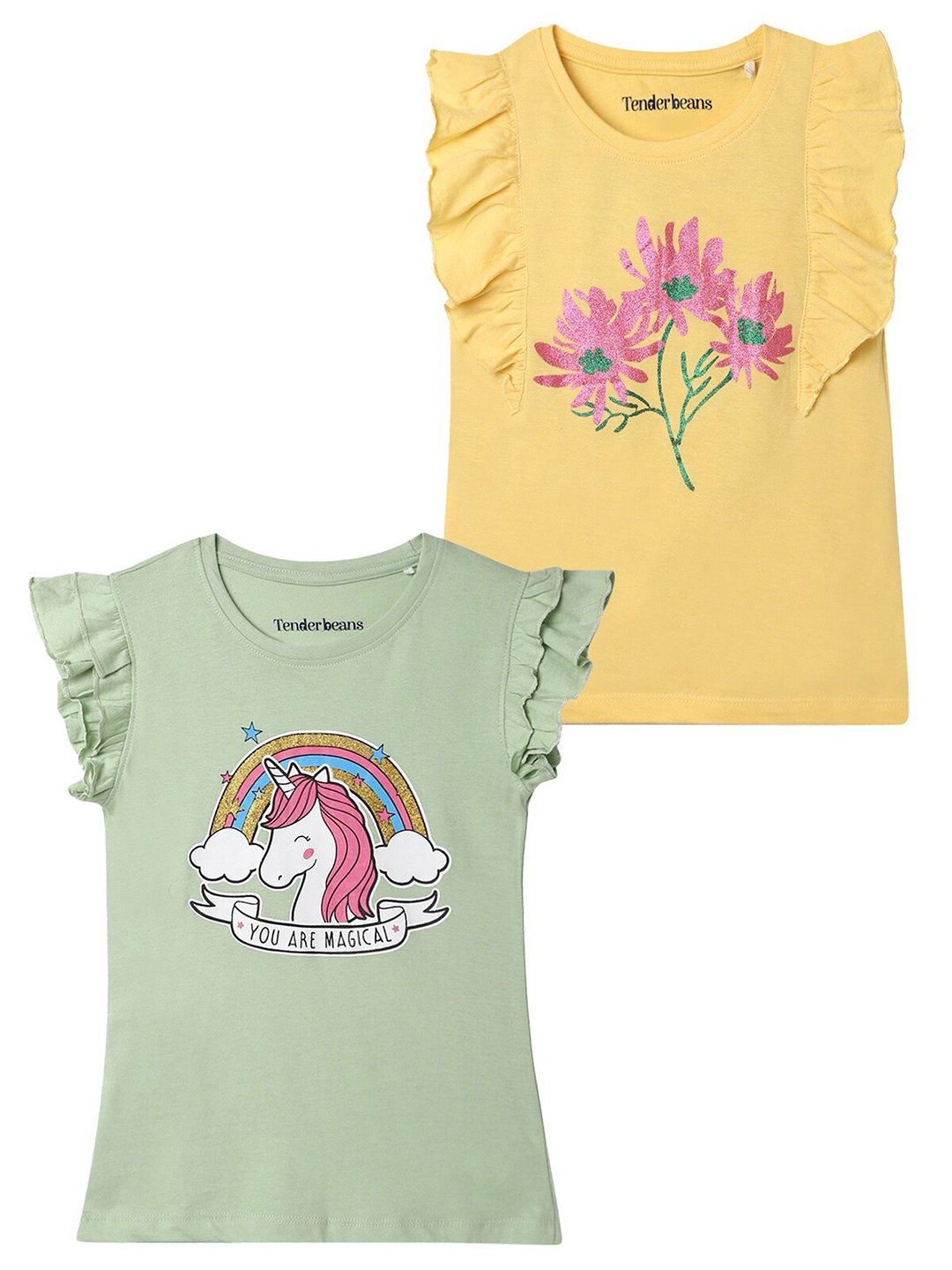

UrbanMark Pack Of 2 Floral Printed Flutter Sleeve Cotton Top, Yellow