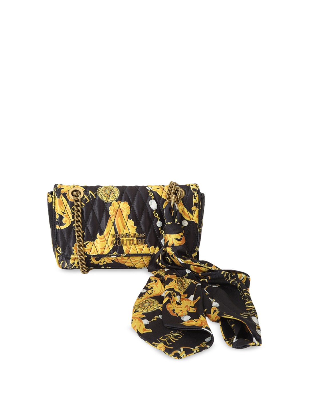 

Versace Jeans Couture Floral Printed Quilted Structured Sling Bag with Scarf, Black