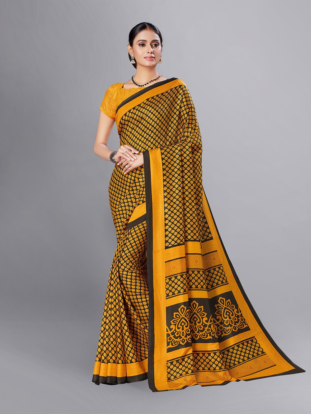 

VIMLA Ethnic Motifs Printed Mysore Silk Saree, Yellow