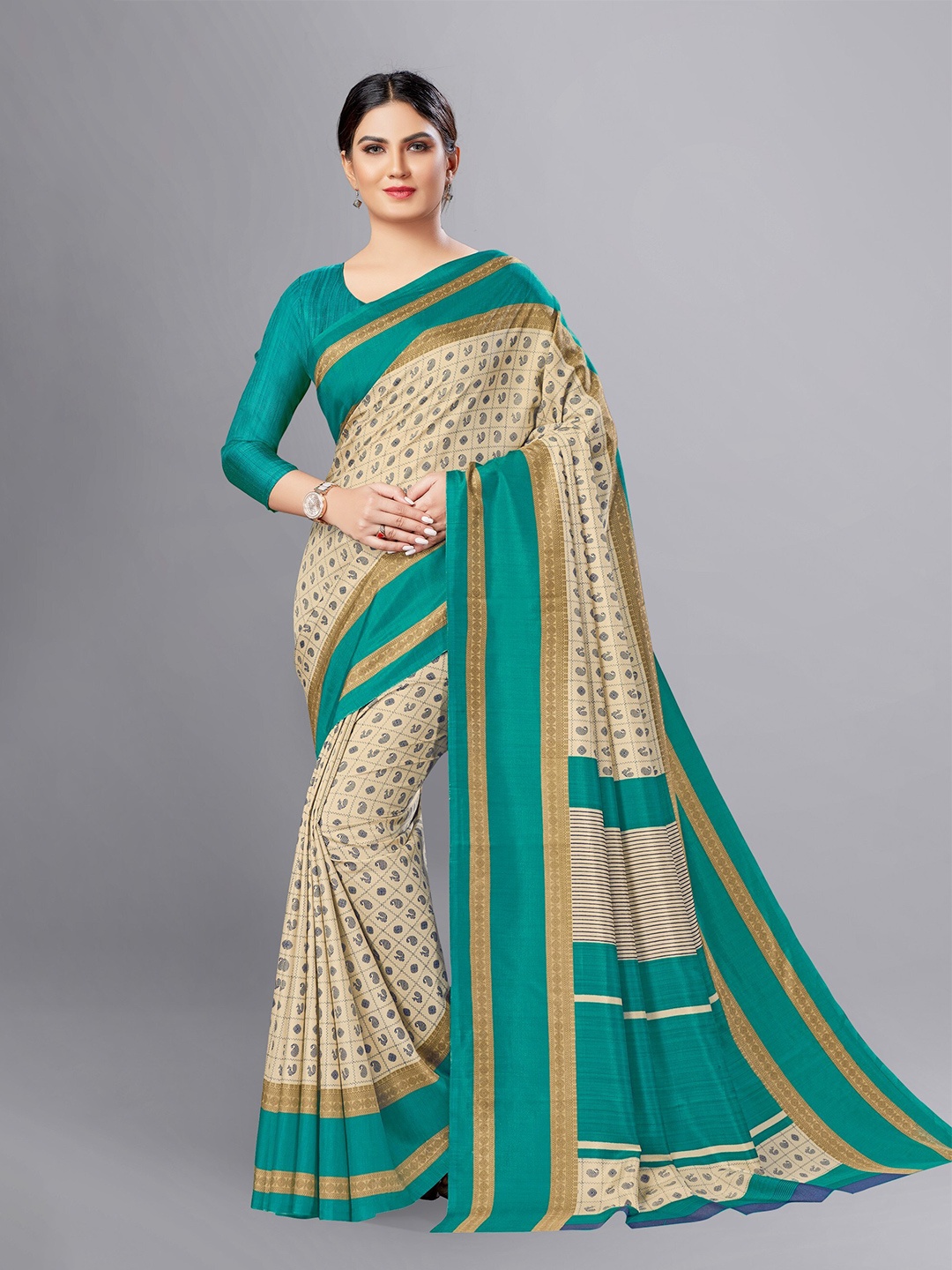 

VIMLA Ethnic Motifs Printed Saree, Beige