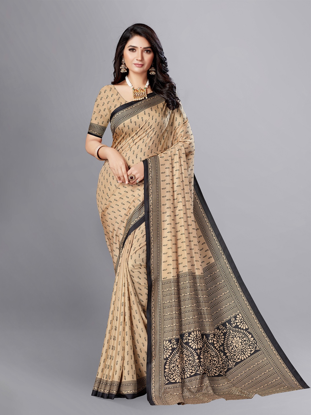 

VIMLA Ethnic Motifs Printed Art Silk Mysore Silk Saree, Beige