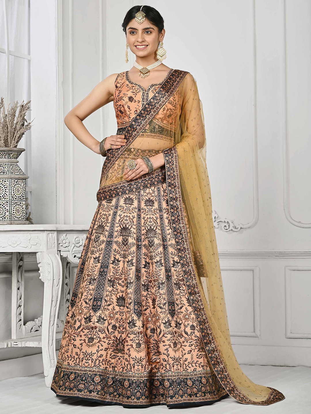 

SAPTRANGI Embroidered Ready to Wear Lehenga & Blouse With Dupatta, Peach