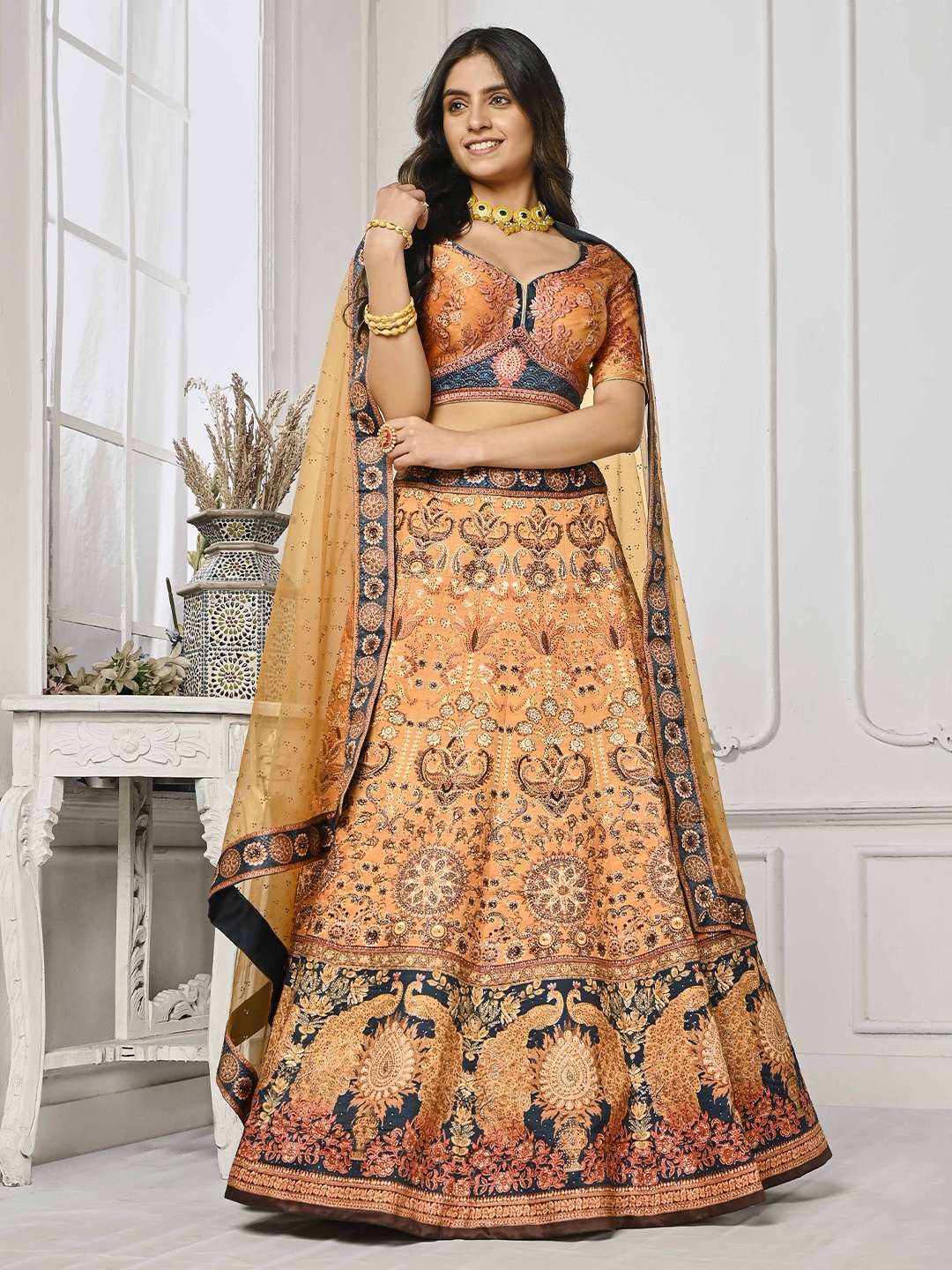 

SAPTRANGI Mustard Embroidered Ready to Wear Lehenga & Blouse With Dupatta