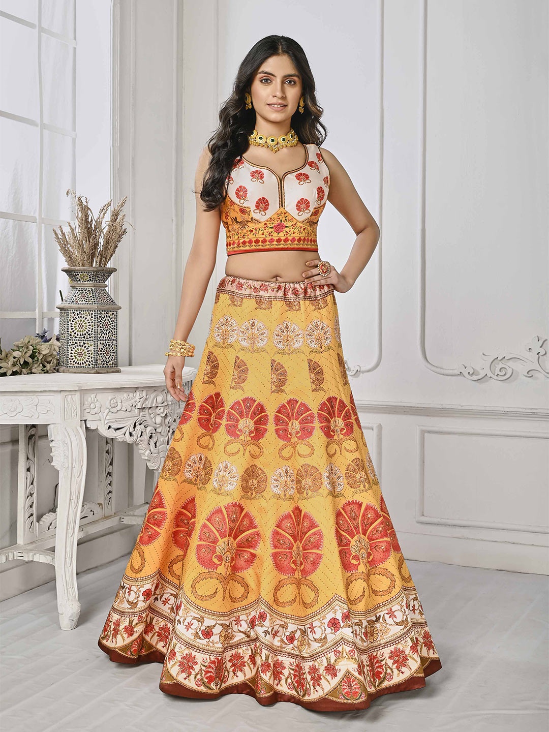 

SAPTRANGI Embroidered Ready to Wear Lehenga & Blouse With Dupatta, Orange