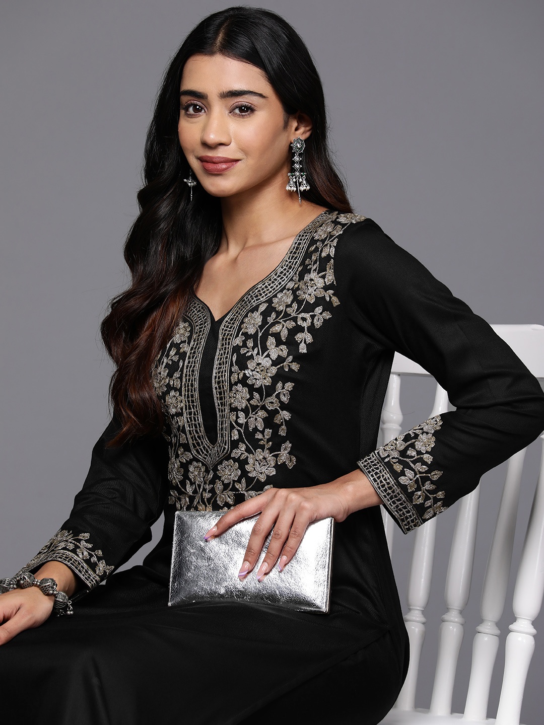 

Libas Women Floral Yoke Design Regular Thread Work Kurta with Palazzos, Black