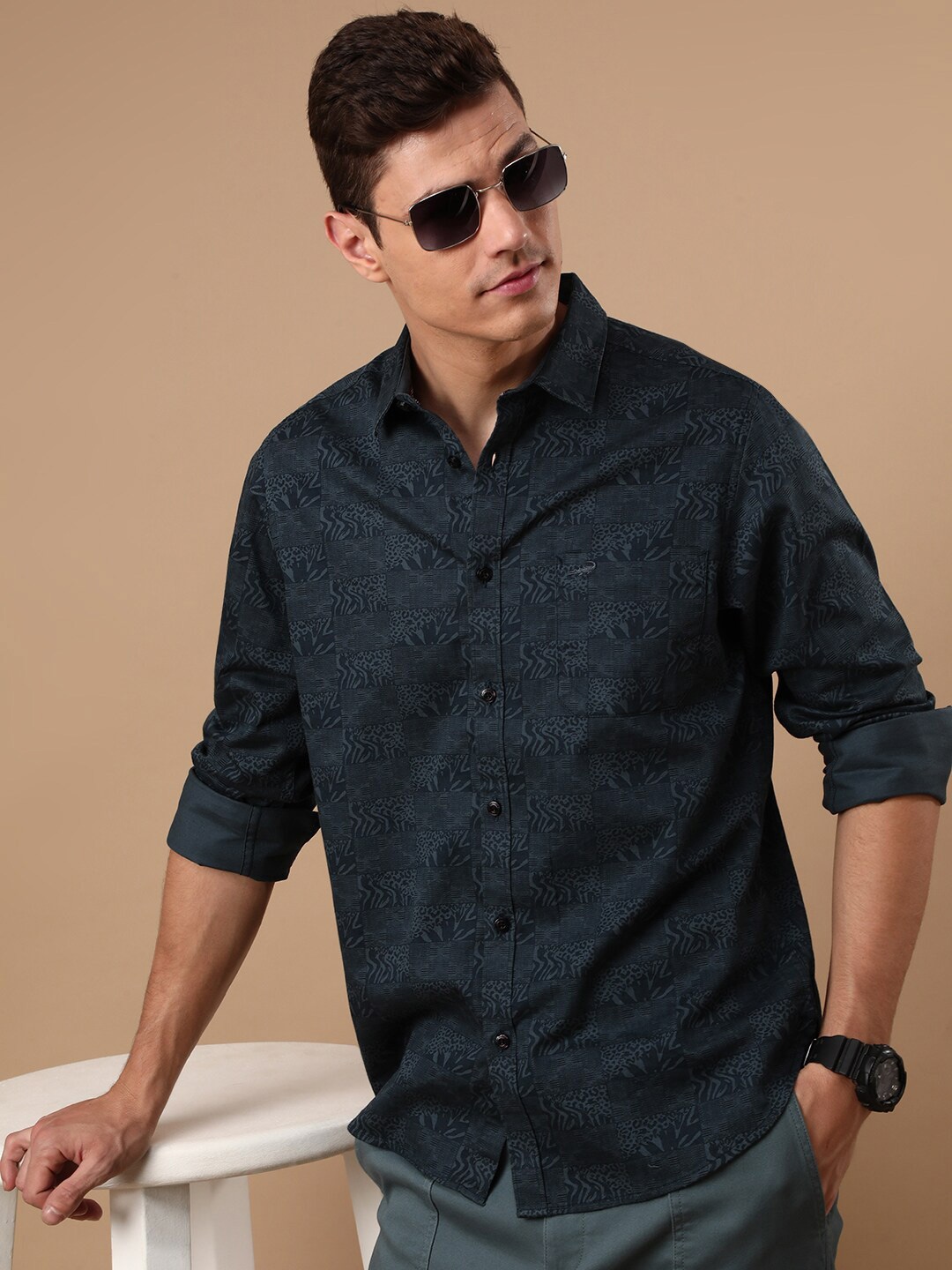 

Crocodile Other Checks Classic Slim Fit Cotton Casual Shirt, Navy blue