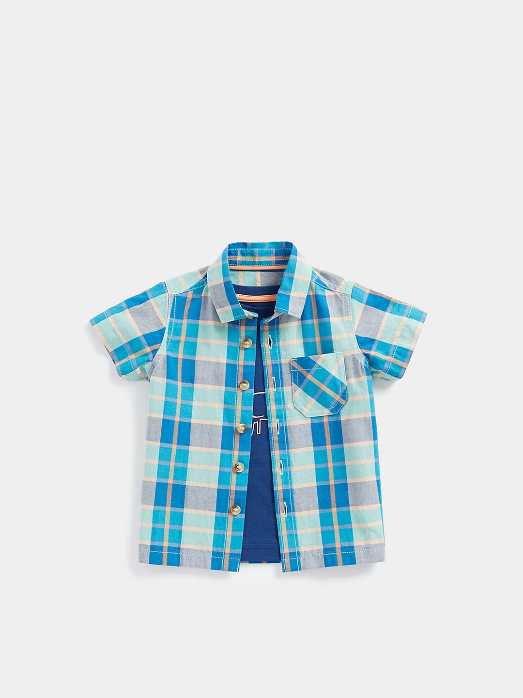 

mothercare Boys Tartan Checked Pure Cotton Casual Shirt With T-shirt, Blue