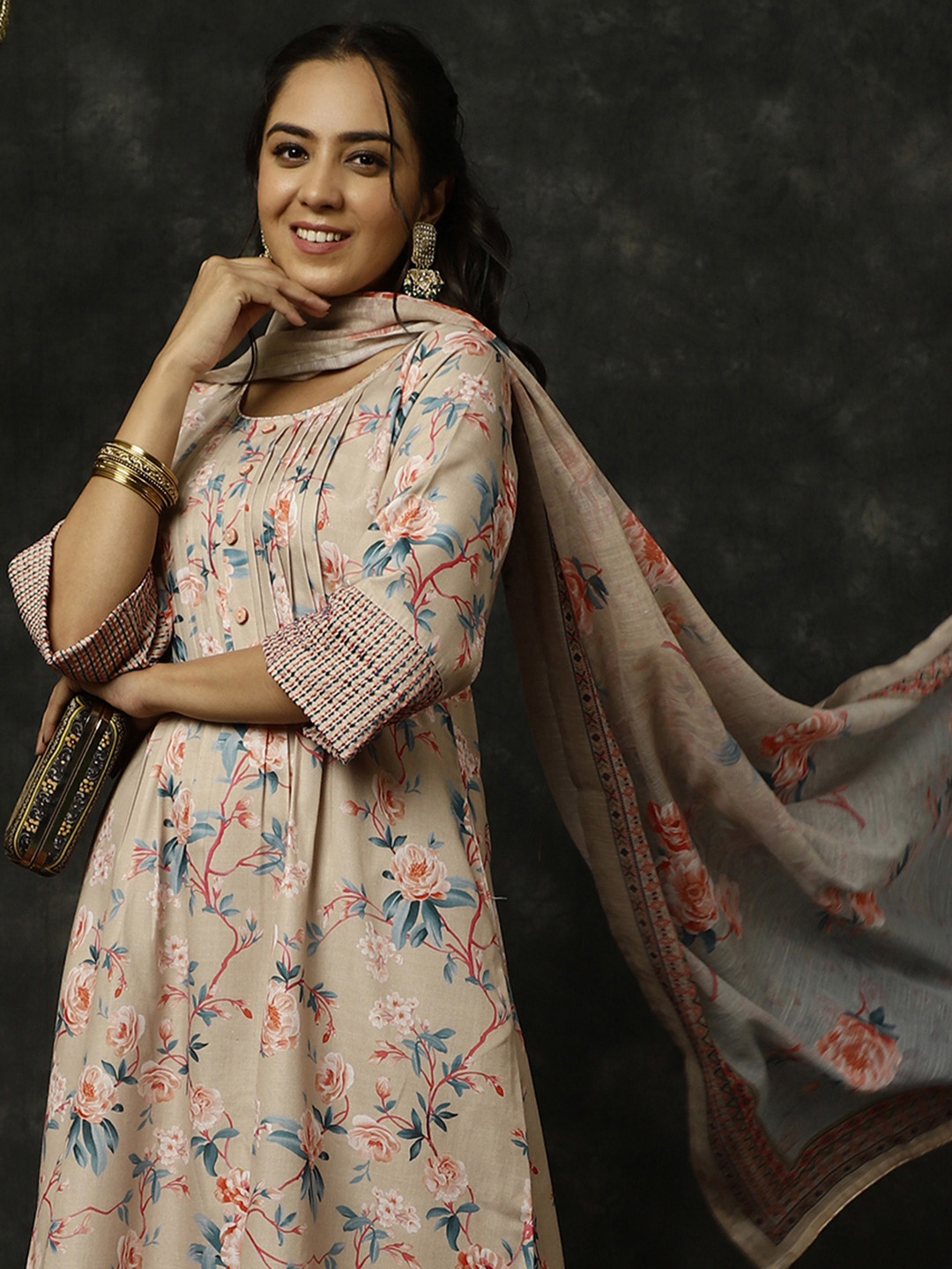 

Jaipur Kurti Floral Printed Linen Kurta with Trousers & Dupatta, Beige