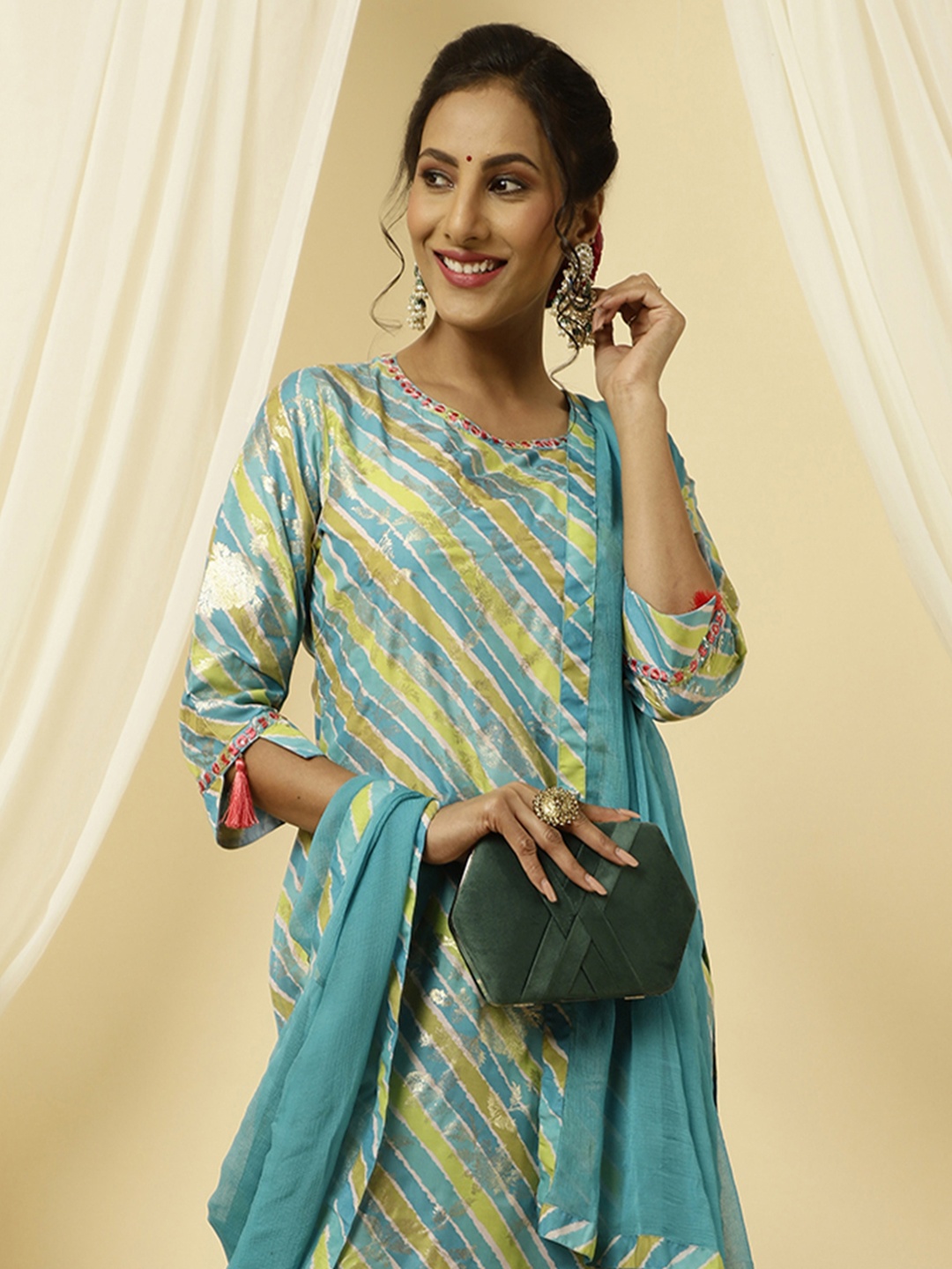 

Jaipur Kurti Leheriya Printed Kurta with Palazzos & Dupatta, Turquoise blue