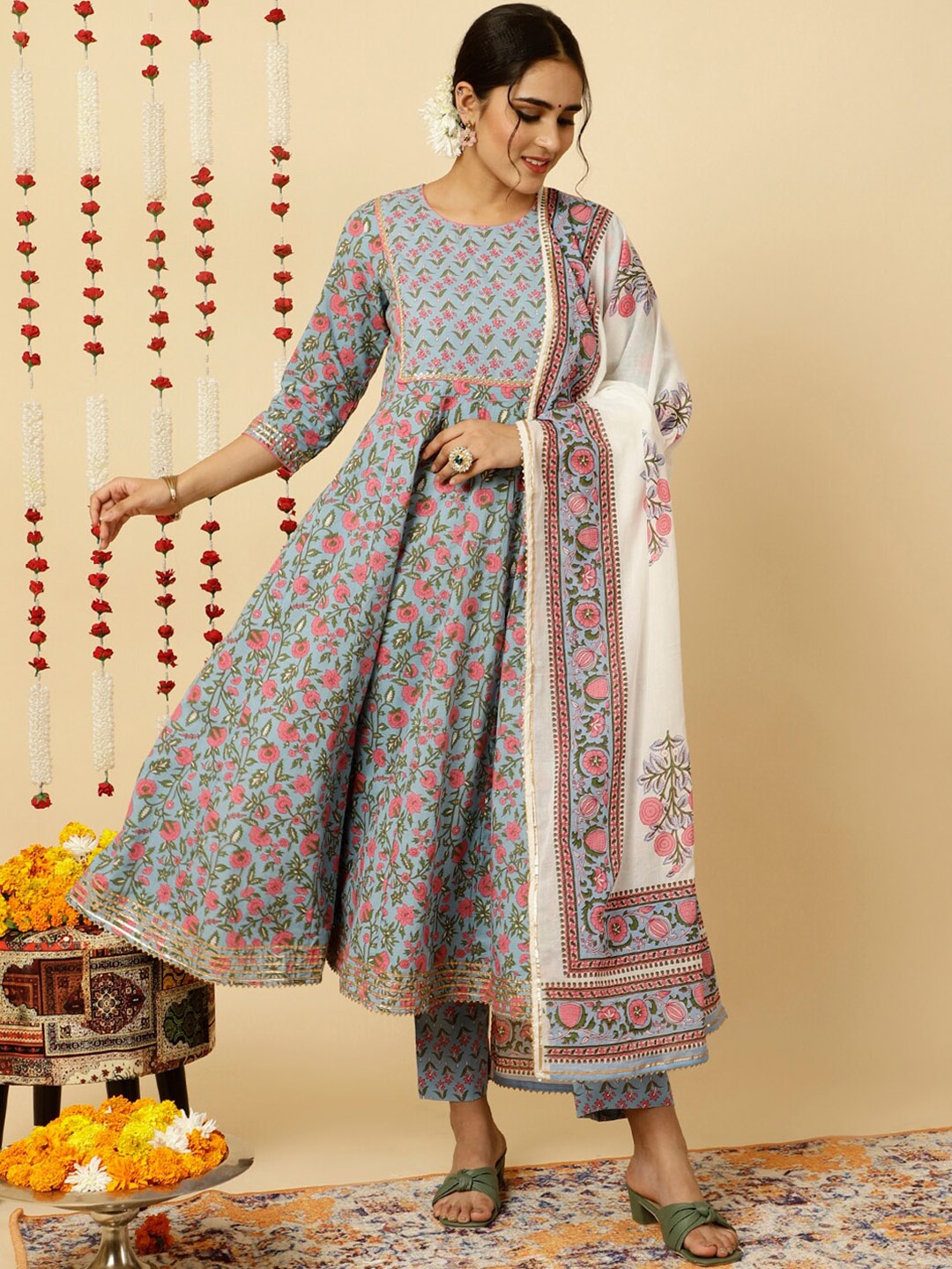 

Jaipur Kurti Ethnic Motifs Printed Pure Cotton Kurta with Trousers & Dupatta, Blue