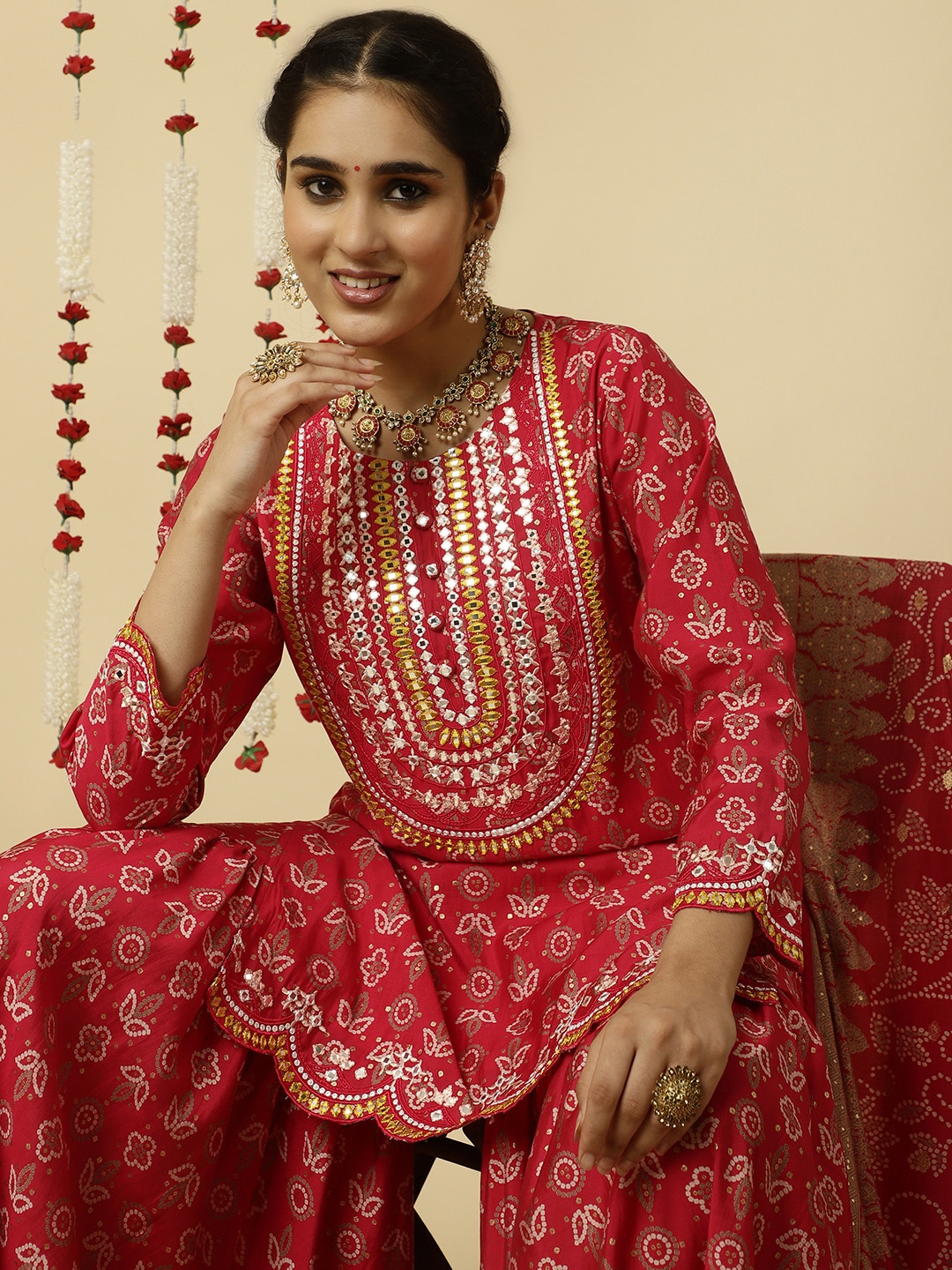 

Jaipur Kurti Bandhani Printed Mirror Work Kurta with Sharara & Dupatta, Pink