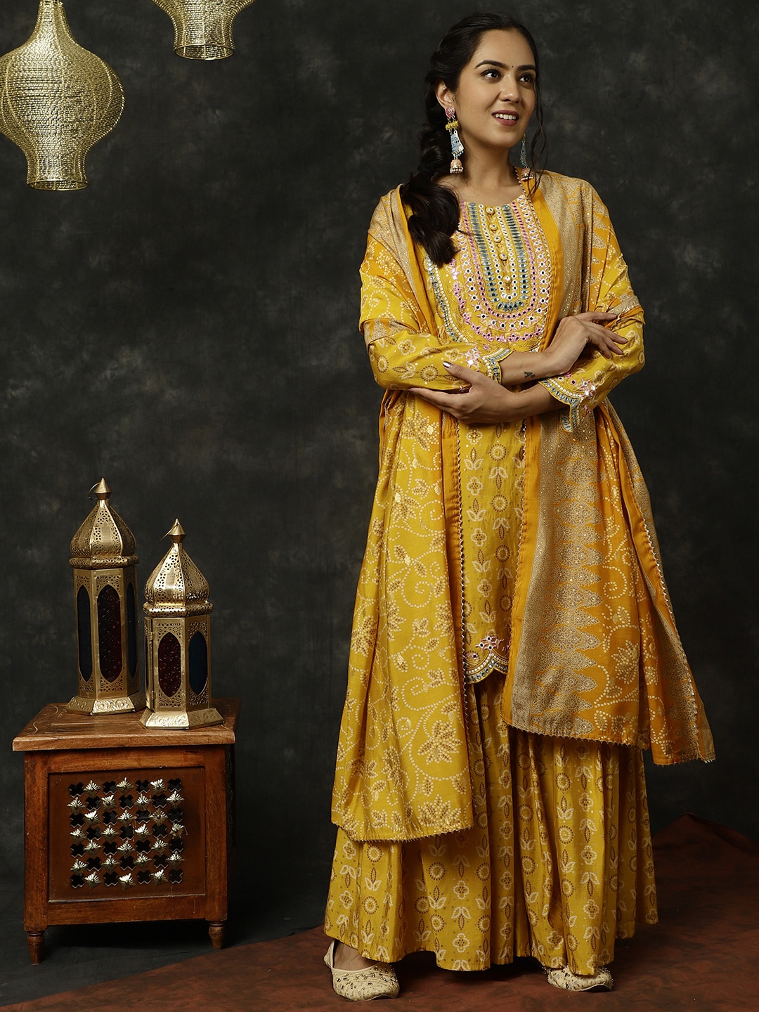 

Jaipur Kurti Bandhani Printed Mirror Work Kurta with Sharara & Dupatta, Mustard