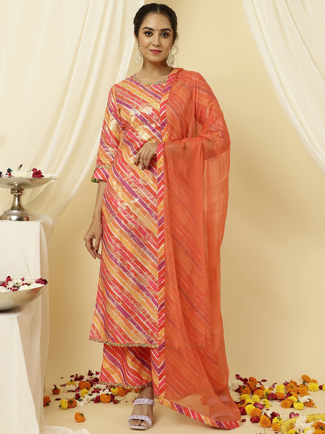

Jaipur Kurti Leheriya Printed Straight Kurta with Palazzos & Dupatta, Orange