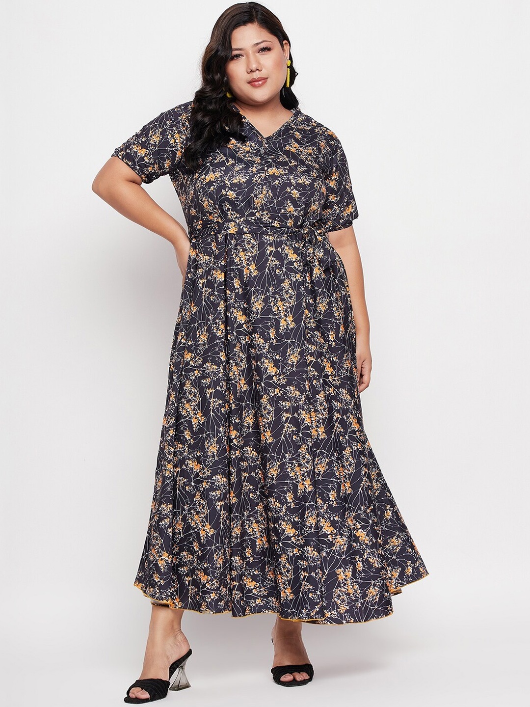 

NABIA Plus Size Floral Printed Belted Maxi Fit & Flare Ethnic Dress, Black