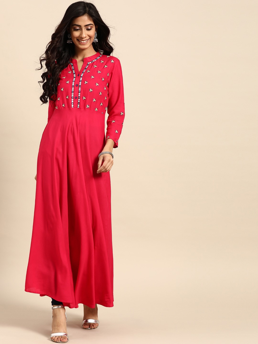 

RANGMAYEE Floral Embroidered Cotton Anarkali Kurta, Red