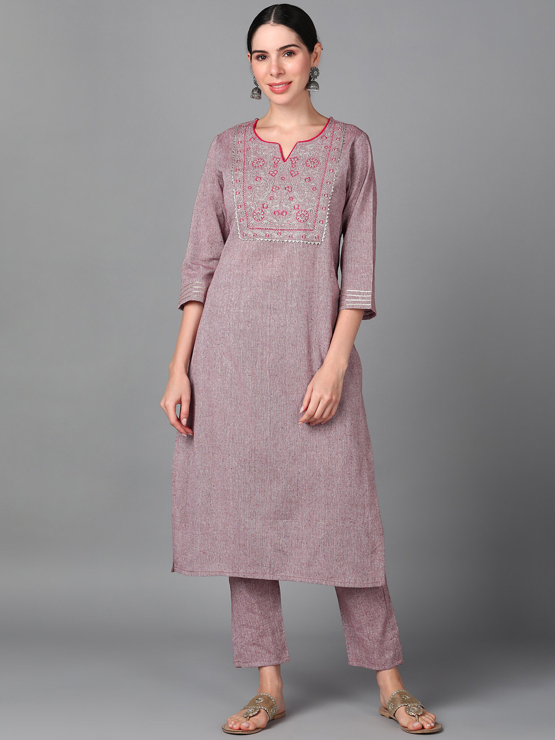 

KALINI FloralYoke Design Embroidered Regular Gotta Patti Pure Cotton Kurta With Trousers, Mauve