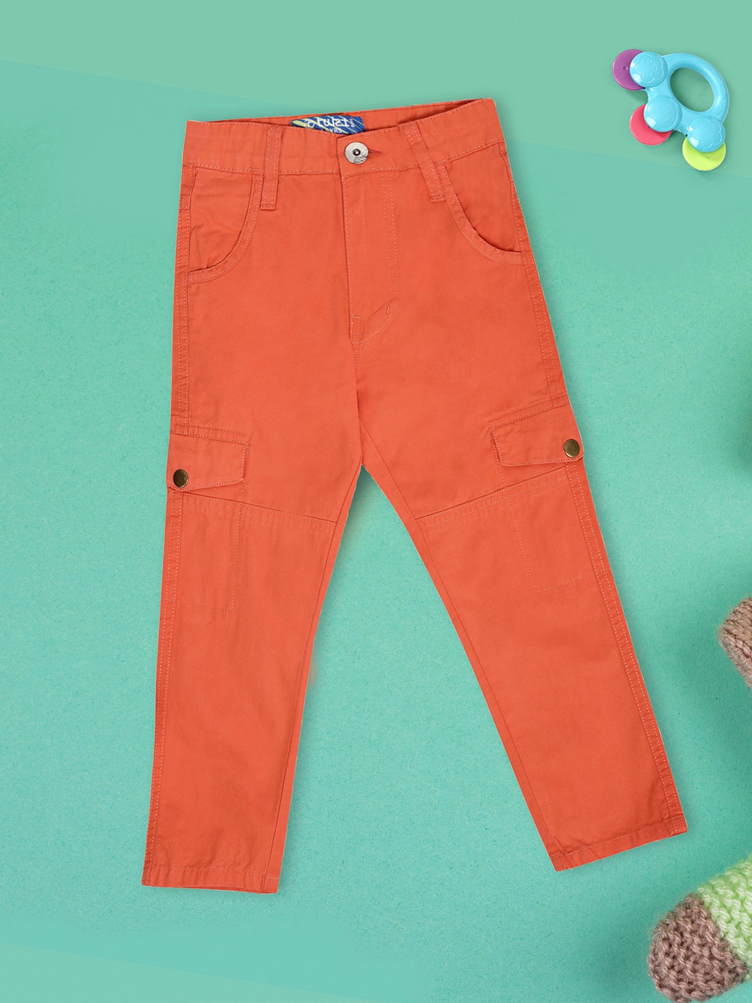 

V-Mart Boys Twill Mid-Rise Cotton Cargos Trousers, Orange