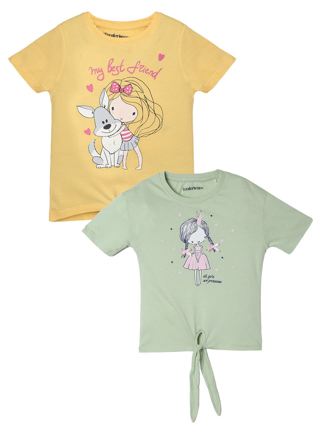 

UrbanMark Girls Pack Of 2 Graphic Printed Pure Cotton T-shirt, Yellow
