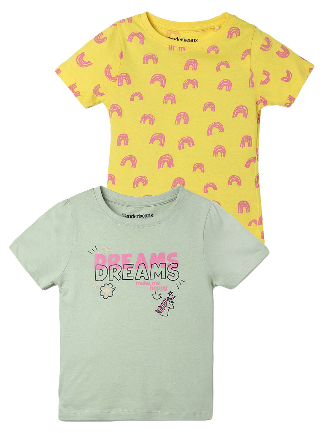

UrbanMark Girls Pack of 2 Printed Pure Cotton T-shirt, Green
