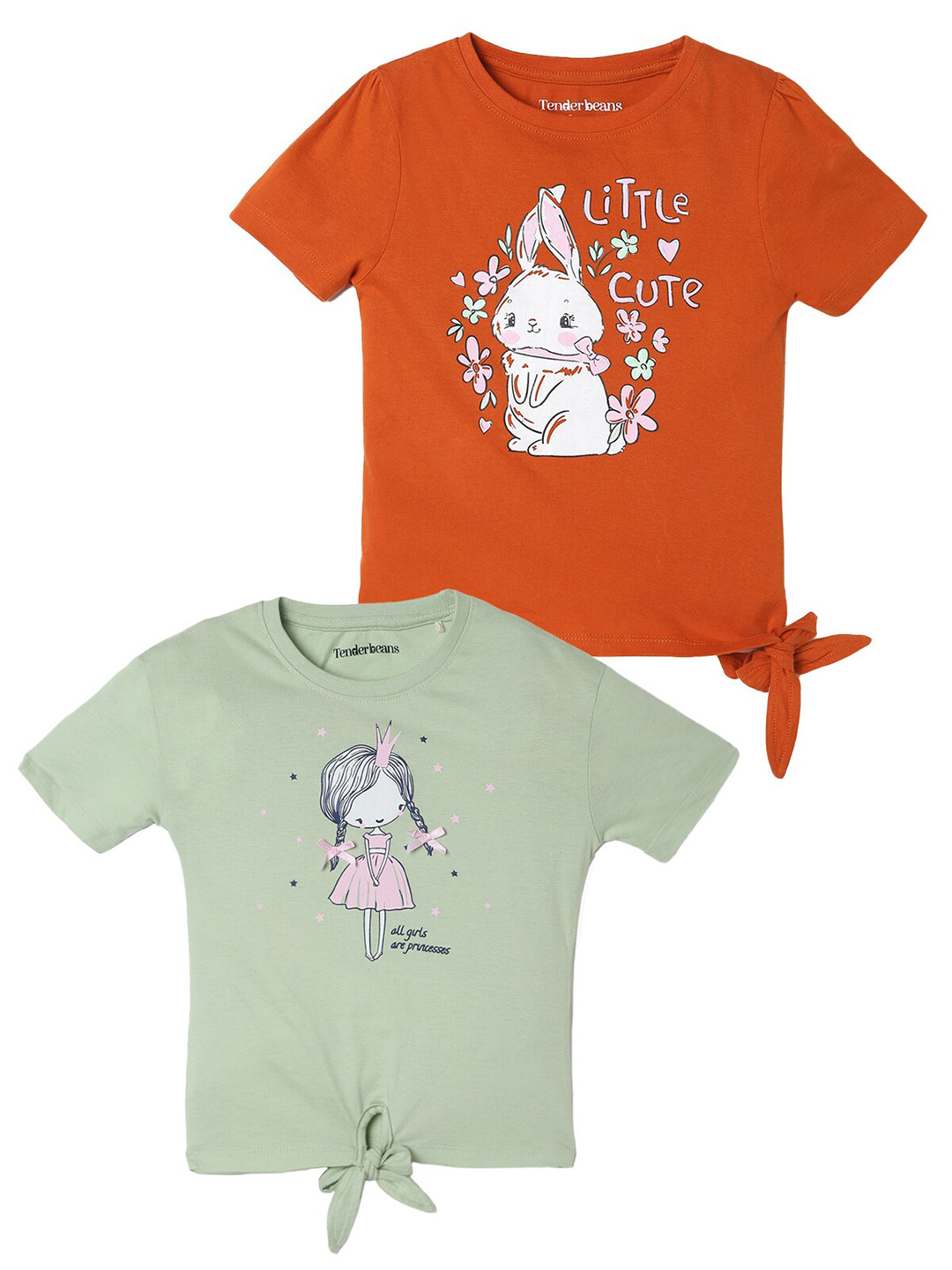 

UrbanMark Girls Pack of 2 Graphic Printed Pure Cotton T-shirt, Green