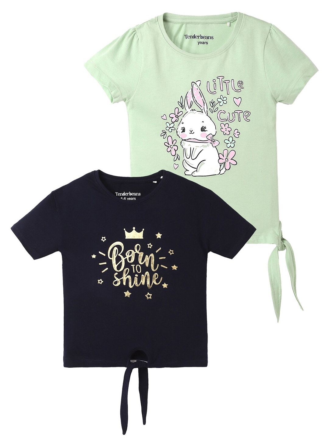 

UrbanMark Girls Pack Of 2 Typography Printed Pure Cotton T-shirt, Green