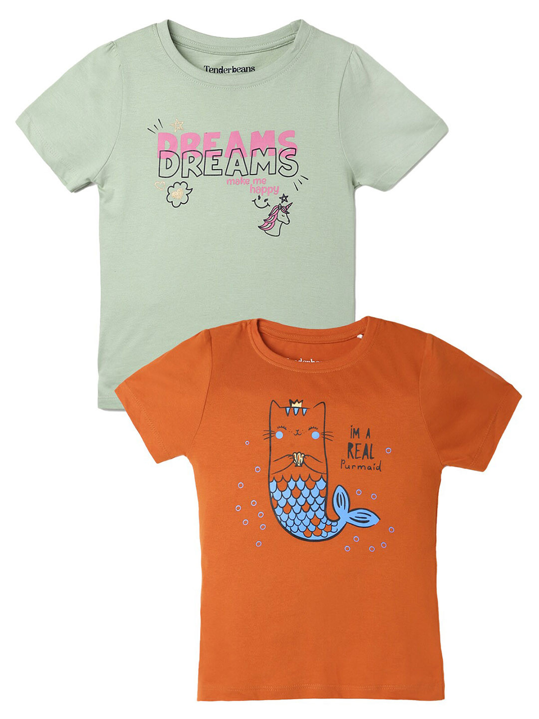 

UrbanMark Girls Pack Of 2 Printed Pure Cotton T-shirt, Green