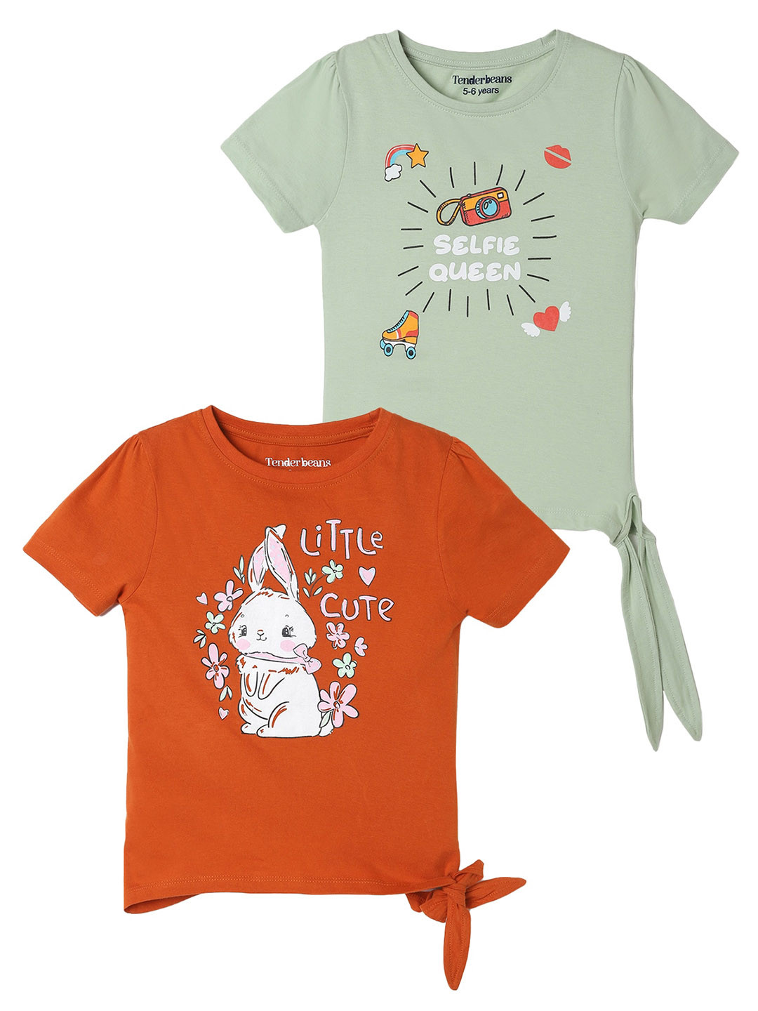 

UrbanMark Girls Pack Of 2 Typography Printed Pure Cotton T-shirt, Green