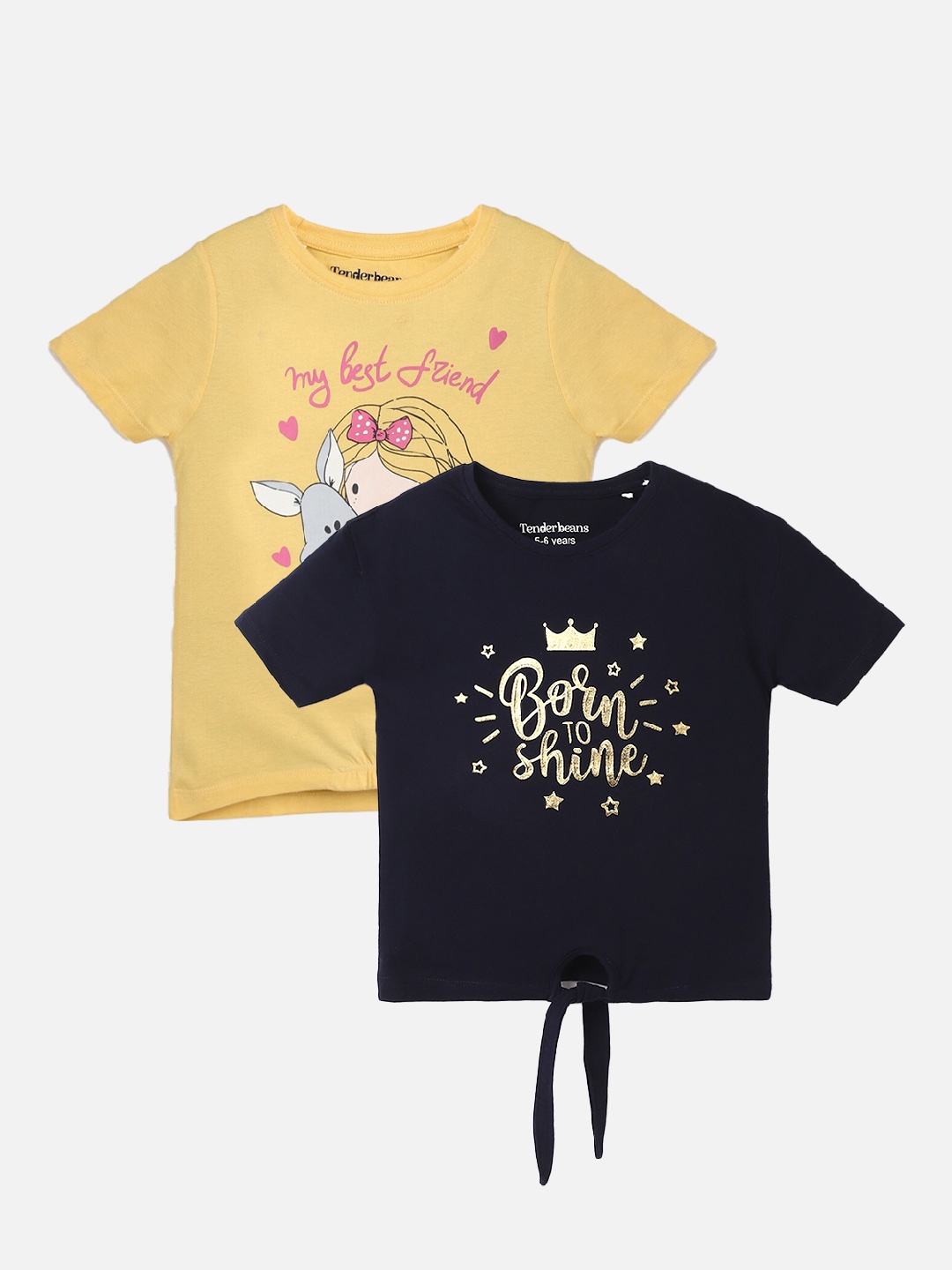 

UrbanMark Girls Pack of 2 Printed Pure Cotton T-shirt, Yellow